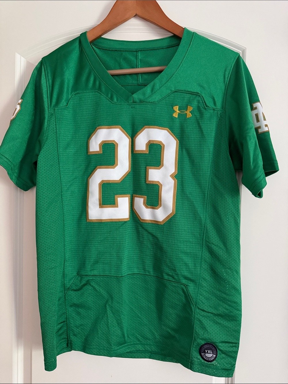 Boy’s Under Armour Notre Dame Football Jersey #23 with White & Gold Accents